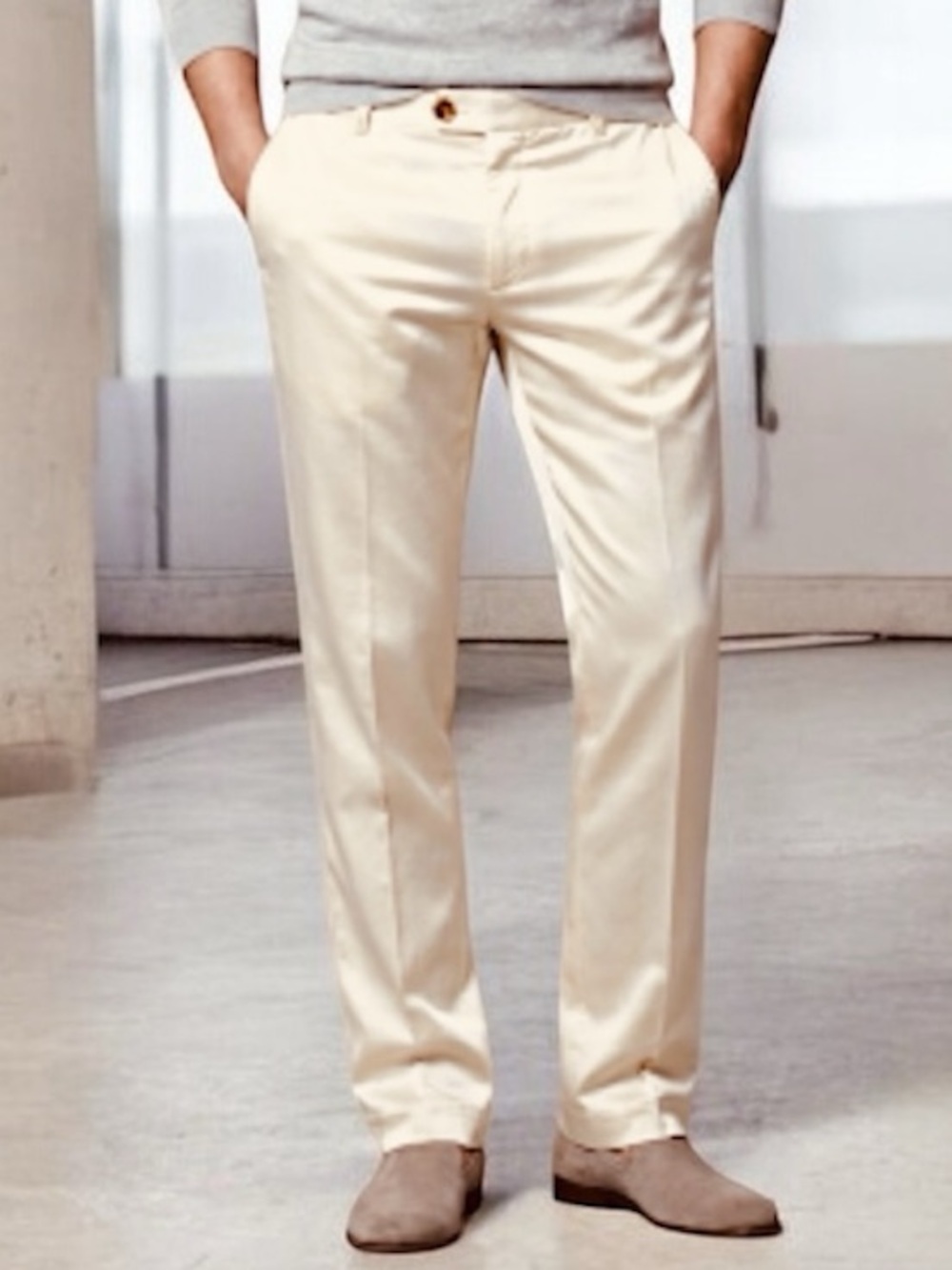 VJC Versace Cream Satin Flat Front Straight Leg Trousers Ittierre Italy Men Sz38